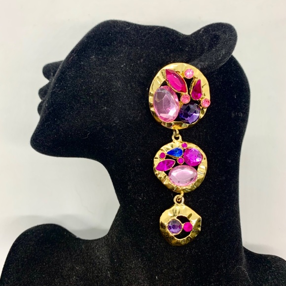 Vintage 90’s PARK LANE 3.5” Long Drop Dangle Earrings Pink Blue Rhinestones Gold - Picture 5 of 6